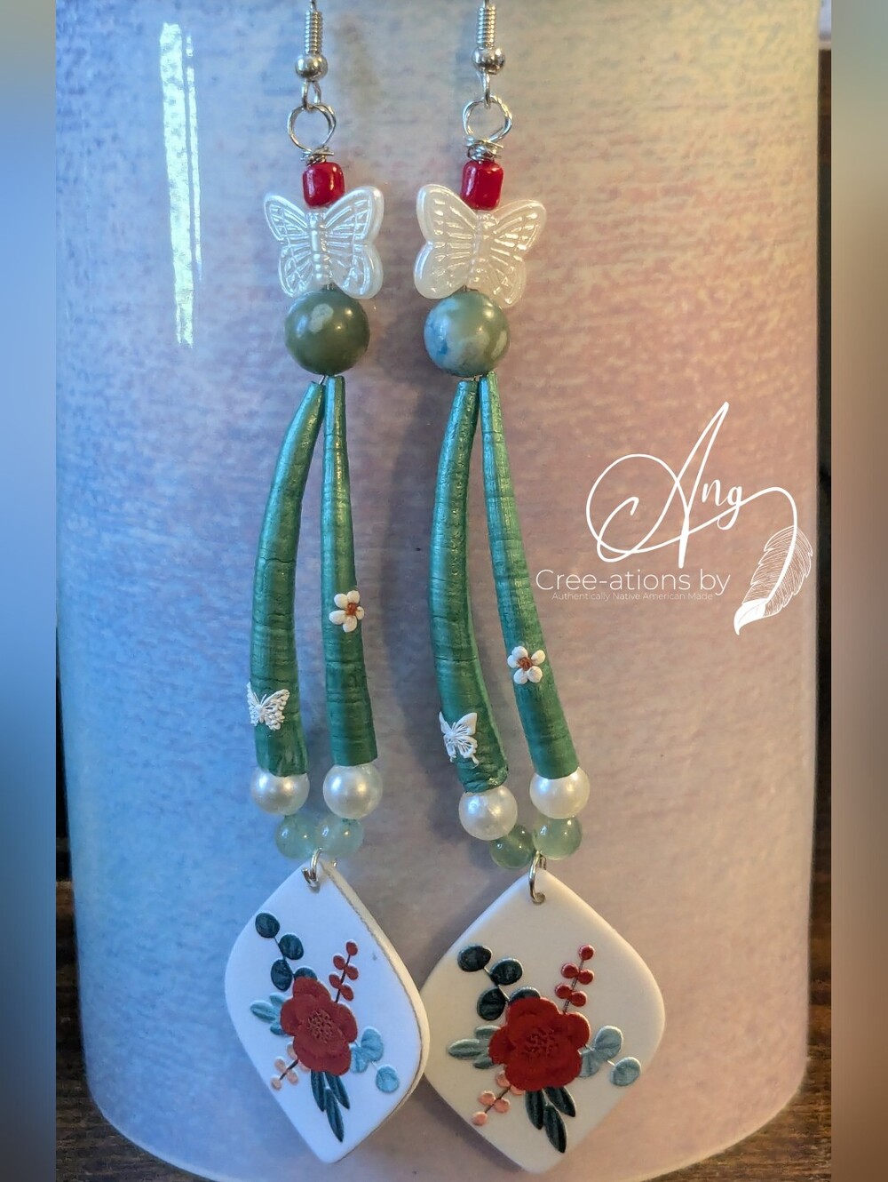 Indigenous Handcrafted Sage Green  Butterfly Folk Art Drop Earrings
